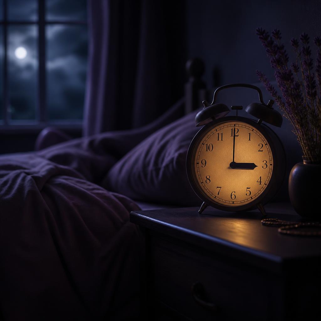 A dark bedroom at night with an alarm clock on the nightstand showing 3am